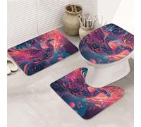 Juego de 3 alfombras de baño con estampado de pavo real de fragmentos rojos, alfombrilla de baño + alfombrilla de contorno + funda de asiento de inodoro, lavable a máquina, antideslizante, de