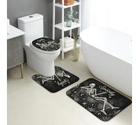 Juego de 3 alfombras de baño de esqueleto, diseño de hamaca, estrellas de Halloween, color negro, antideslizante, lavable, para decoración de suelo de lavabo