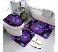 Juego de 3 alfombras de baño de franela con diseño de cultura judía, diseño de Hamsa hebreo y mal de ojo, antideslizantes, con contorno, tapa de inodoro y alfombrillas de baño, alfombrillas de ducha