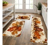 Juego de 3 alfombras de cocina con diseño de hojas rústicas de bellotas naturales, roble, color naranja otoñal, suaves, lavables, para fregadero, lavandería, entrada, pasillo