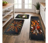 Juego de 3 alfombras de cocina de canela, diseño rústico culinario, especias, otoño, color negro, lavables, cómodas, para fregadero, lavandería, baño, pasillo