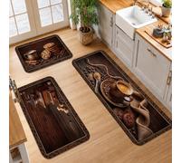 Juego de 3 alfombras de cocina rústicas con temática de café | Granos de café, alfombras de cocina, taza de espresso, molinillo vintage, grano de madera rústica, decoración inspirada en el