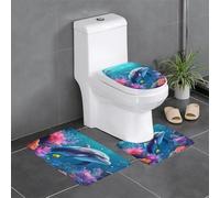 Juego de 3 alfombrillas antideslizantes para baño, 24 x 16 pulgadas, diseño de delfines del mundo submarino, rectangular, en forma de U y en forma de O para inodoro, tocador y baño