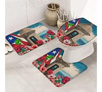 Juego de 3 alfombrillas de baño, alfombrilla de baño con bandera de Puerto Rico, rana con impresionante hibisco, arquitectura costera oceánica, alfombrilla de contorno ultrasuave y tapa para bañera,