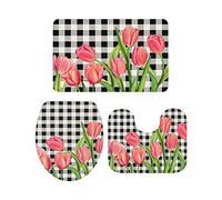 Juego de 3 alfombrillas de baño, alfombrilla de baño con diseño de tulipán y flores, estilo vintage, a cuadros en blanco y negro, suave, antideslizante, alfombrilla de contorno y tapa para ducha y b