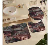 Juego De 3 Alfombrillas De Baño Arquitectura De Estilo Asiático Forma De U para Baño Moda Antideslizantes Tapa De Inodoro, para Dormitorio, Cocina, Bathroom
