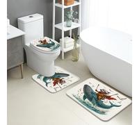 Juego de 3 alfombrillas de baño artísticas, diseño de ballena náutica, absorbentes, antideslizantes, en forma de U, lavable, inspirado en el océano, juego de alfombras de baño de franela de secado