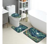 Juego de 3 alfombrillas de baño con diseño de bosque y cielo nocturno, absorbentes y antideslizantes, en forma de U, lavable, jardín encantado, de franela de secado rápido