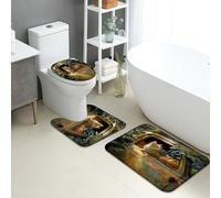 Juego de 3 alfombrillas de baño con diseño de gato otoñal, vintage, naranja, absorbentes, antideslizantes, en forma de U, lavables, de espuma viscoelástica, de secado rápido, diseño de paisaje natural