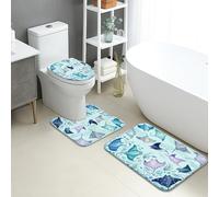 Juego de 3 alfombrillas de baño con diseño de océano, diseño de peces coloridos, criaturas oceánicas, absorbentes, antideslizantes, en forma de U, lavables, diseño marino, de franela de secado rápido