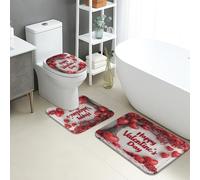 Juego De 3 Alfombrillas De Baño Corazones Rojos Románticos para San Valentín Forma De U para Baño Cómoda Imprimir Alfombras De Cama, para Bathroom, Cocina, Dormitorio