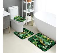 Juego de 3 alfombrillas de baño de cocodrilo, diseño geométrico verde de vida silvestre, antideslizantes, en forma de U, lavables, animales del bosque, de espuma viscoelástica, de secado rápido