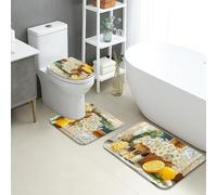 Juego de 3 alfombrillas de baño de crisantemo de limón, 3 piezas, alfombras de inodoro rústicas, absorbentes, antideslizantes, en forma de U, lavables, de secado rápido, de franela de verano