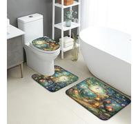 Juego de 3 alfombrillas de baño de fantasía con diseño de árbol encantado y jardín de hadas absorbentes, antideslizantes, en forma de U, lavables, mágicas, florales, de secado rápido, de espuma
