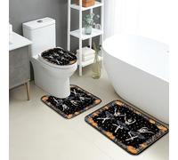 Juego de 3 alfombrillas de baño de Halloween, diseño de bailarines de esqueleto, color negro y naranja, absorbentes, antideslizantes, en forma de U, lavable, espeluznante juego de espuma viscoelástica