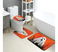 Juego de 3 alfombrillas de baño de Halloween, fantasmas espeluznantes, color naranja y negro, absorbentes, antideslizantes, en forma de U, lavables, de espuma viscoelástica, de secado rápido