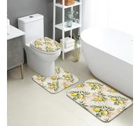 Juego de 3 alfombrillas de baño de limón, diseño vintage de hojas florales, absorbentes, antideslizantes, en forma de U, lavables, de franela de secado rápido