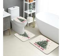 Juego de 3 alfombrillas de baño de Navidad, elegantes flores de pino, absorbentes, antideslizantes, en forma de U, lavables, de franela de secado rápido