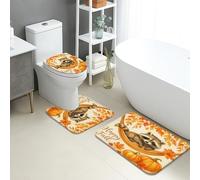 Juego de 3 alfombrillas de baño de otoño, diseño de mapache con hojas de hamaca, absorbentes, antideslizantes, en forma de U, lavables, cosecha de otoño, de espuma viscoelástica, de secado rápido