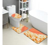 Juego de 3 alfombrillas de baño de primavera con patrón floral naranja brillante, absorbentes, antideslizantes, en forma de U, lavables, de secado rápido, de espuma viscoelástica