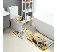 Juego de 3 alfombrillas de baño de primavera, de crisantemo, limón, absorbentes, antideslizantes, en forma de U, lavable, rústico, floral, de secado rápido, juego de alfombras de baño