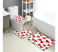 Juego de 3 alfombrillas de baño de San Valentín, románticos corazones rojos y lazos, absorbentes, antideslizantes, en forma de U, lavables, con diseño de amor, de franela de secado rápido