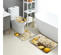 Juego de 3 alfombrillas de baño de verano, diseño floral de crisantemo de limón, absorbentes, antideslizantes, en forma de U, lavables, frutas frescas, de franela, de secado rápido