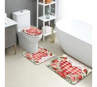 Juego De 3 Alfombrillas De Baño Flower con Corazones Rojos A Cuadros Alfombra De Contorno Antideslizantes Imprimir Pedestal Tapa Estera, para Bathroom, Cocina, Dormitorio