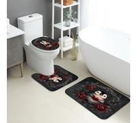 Juego de 3 alfombrillas de baño góticas, elegantes rosas negras, absorbentes, antideslizantes, en forma de U, lavables, flores oscuras, de franela, de secado rápido