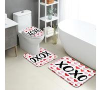 Juego de 3 alfombrillas de baño para San Valentín, diseño de corazones y abrazos y besos, absorbentes y antideslizantes, en forma de U, lavables, románticas y de secado rápido