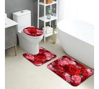 Juego de 3 alfombrillas de baño románticas, elegantes rosas rojas, absorbentes, antideslizantes, en forma de U, lavables, decoración del hogar de primavera, juego de alfombras de baño de franela de