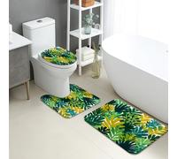 Juego de 3 alfombrillas de baño tropicales, con patrón de hojas, absorbentes, antideslizantes, en forma de U, lavables, botánicas de verano, de espuma viscoelástica, de secado rápido, juego de