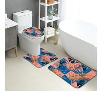 Juego de 3 alfombrillas de baño tropicales, diseño de hojas azules y durazno, absorbentes, antideslizantes, en forma de U, lavables, botánicas de verano, de espuma viscoelástica, de secado rápido