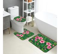 Juego de 3 alfombrillas de baño tropicales, diseño de hojas de hibisco floral, absorbentes, antideslizantes, en forma de U, lavables, de franela, de secado rápido, color verde