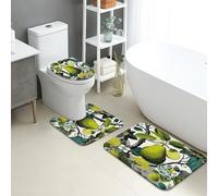 Juego de 3 alfombrillas de baño verdes con hojas de limón botánicas, absorbentes, antideslizantes, en forma de U, lavables, inspiradas en la naturaleza, juego de alfombras de baño de franela de secado