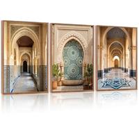 Juego de 3 arte de pared marroquí sin marco, decoración de pared de arquitectura islámica bohemia, pintura de puerta de palacio de Oriente Medio, impresión artística beige neutro azul para sala de