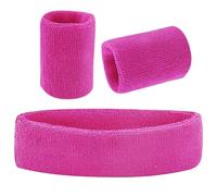 Juego de 3 bandas para el sudor rosas con muñequeras deportivas, juego de diadema de algodón de rizo suave y grueso para niñas, bandas deportivas de tela atlética para niños (1 diadema y 2 muñequeras)