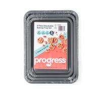Juego de 3 Bandejas para Hornear Progress - Recubrimiento Antiadherente, 28/31/34.7 cm Hojas para Horno Apilables, Fabricado en el Reino Unido, Acero al Carbono Ligero, Garantía de 5 Años