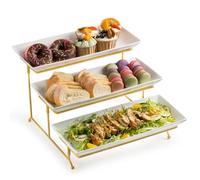 Juego de 3 bandejas plegables grandes con soporte resistente para aperitivos, frutas, postres y magdalenas. Elegante plato blanco de 3 niveles para fiestas y eventos