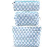 Juego de 3 bolsas de maquillaje a cuadros para mujer, grandes, medianas y pequeñas, bolsa de cosméticos azul, bolsa de maquillaje de viaje para bolso, organizador de artículos de tocador, bonita bolsa