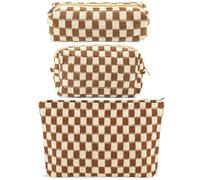 Juego de 3 bolsas de maquillaje a cuadros para mujer, grandes, medianas y pequeñas, color marrón, bolsa de maquillaje de viaje para bolso, organizador de artículos de tocador, bonita bolsa de
