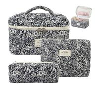 Juego de 3 Bolsas de Maquillaje Acolchadas con diseño Floral de algodón en Diferentes tamaños, Organizador de artículos de tocador estético con Cierre de Cremallera para Mujeres y niñas Que viajan