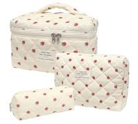 Juego de 3 bolsas de maquillaje acolchadas de algodón rosa fresa, bolsas de maquillaje de viaje de gran capacidad para mujeres y niñas, incluye bolsas de maquillaje estéticas y cosméticos pequeñas