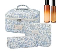 Juego de 3 bolsas de maquillaje de algodón para mujer, diseño floral, bolsa de maquillaje de algodón, con estampado floral azul, para el cuidado de la piel, cepillos, champú, G, Atributo único, ver
