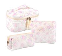 Juego de 3 bolsas de maquillaje florales para mujer, lindas bolsas de maquillaje acolchadas, grandes, medianas y pequeñas, de algodón, con cremallera, regalo para mujeres y niñas, uso diario y viajes
