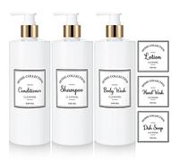 Juego de 3 botellas de bomba de 16 onzas, botella de champú y acondicionador, dispensador de jabón recargable de plástico, dispensador de ducha con 6 etiquetas adhesivas para loción de masaje corporal (dorado y blanco, 25 onzas)