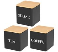 Juego de 3 botes para café, té, azúcar, 500 ml, con tapa hermética de bambú y marcador de nombre, frasco cuadrado de almacenamiento de cocina, para té, café, azúcar (negro)