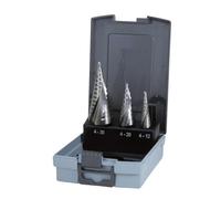 Juego de 3 brocas escalonadas HSS, estriadas en espiral, tamaños 0/9, 1 y 2 en estuche, ideales para perforar metal y madera.