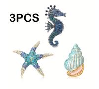 Juego de 3 Broches con Diamantes de de Animales del Azul: de Mar, y Concha