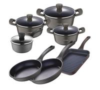 Juego de 3 cacerolas con tapa ø20ø24ø28cm y cazo ø16cm + sartenes de ø26ø28cm en aluminio fundido + sartén grill 28x28cm en aluminio forjado 3claveles